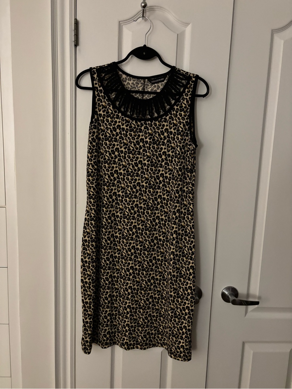 Nina Leonard Black and Tan Leopard Mini Dress with Sheer Cut-out Collar